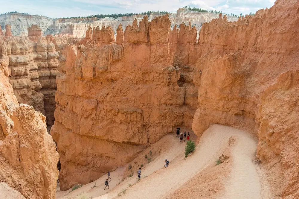 Wall Street on the Navajo Loop in Bryce Canyon National Park from above: a narrow gorge between tall orange rock walls, hikers on the trail below