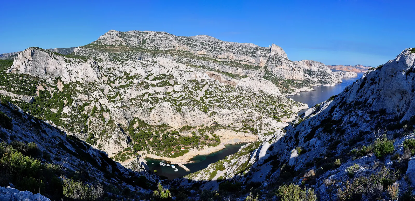 Calanque de Morgiou in Calanques National Park seen from the cliffs: limestone slopes with pines, the cove with its small harbour below