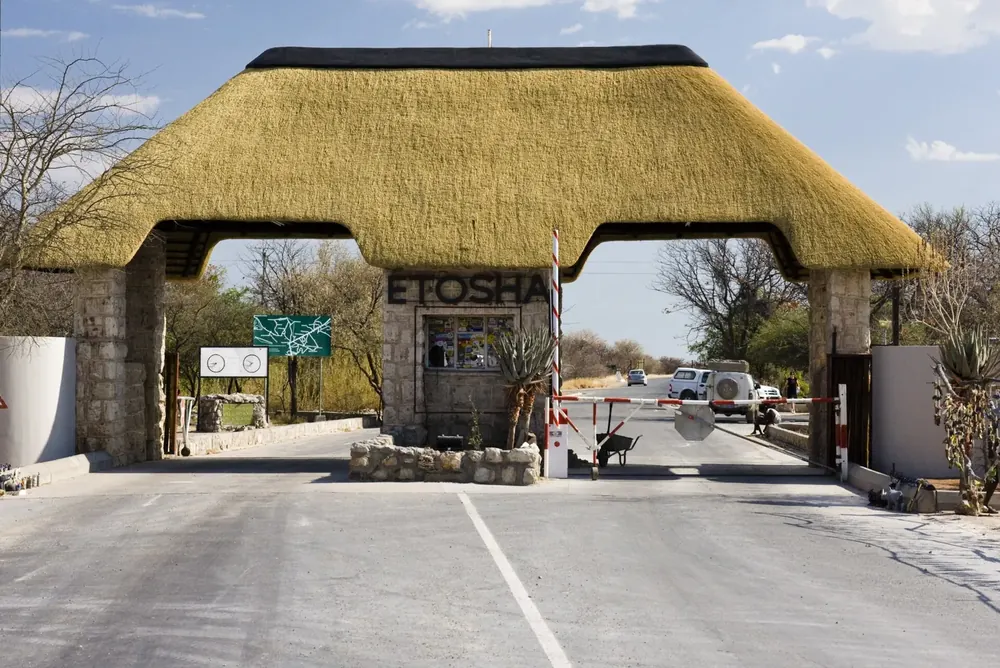 Andersson Gate, the southern entrance gate to Etosha National Park, with a large thatched roof over the access road