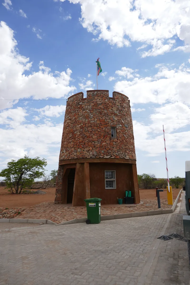 Galton Gate: round, walled gate tower with battlements at the western entrance to Etosha National Park