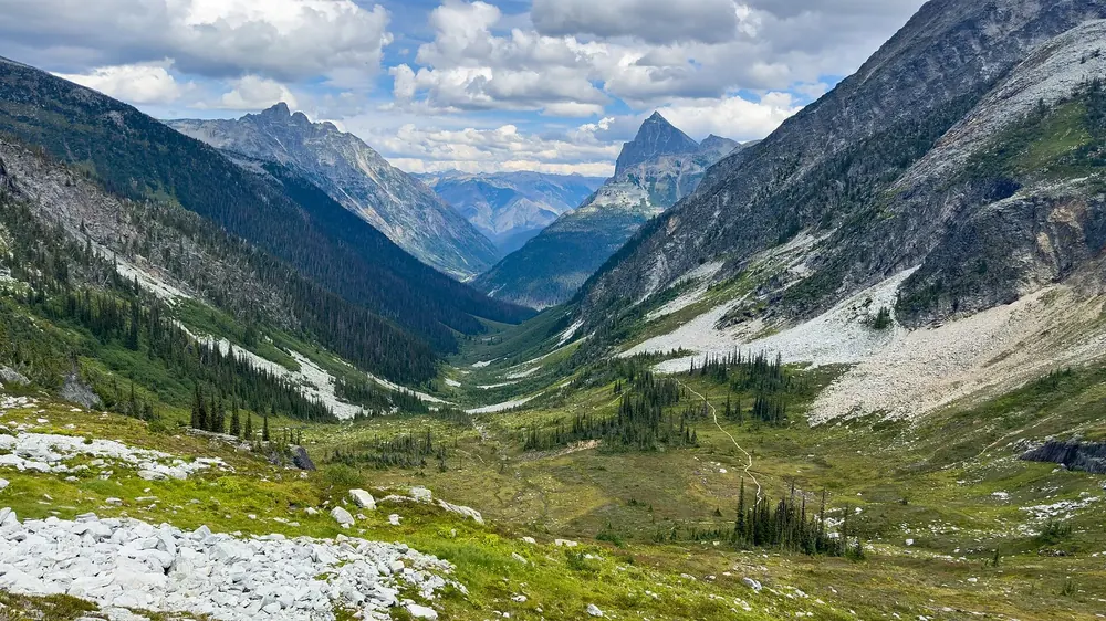 View from Balu Pass in Glacier National Park in Canada into a green high valley with scree fields, the rugged peaks of the Selkirk Mountains behind