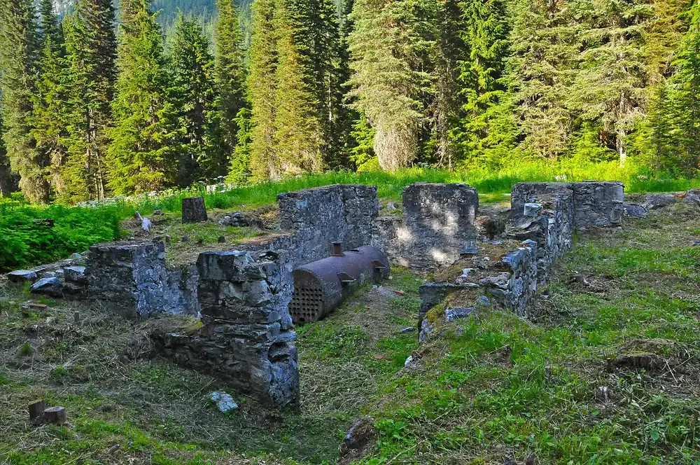 Ruins of Great Glacier House in Glacier National Park in Canada: fieldstone foundation walls in a forest clearing