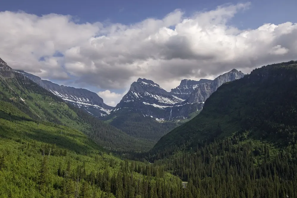 View across a wooded valley in Glacier National Park, Montana, to rugged peaks, with Bird Woman Falls on a rock wall between them