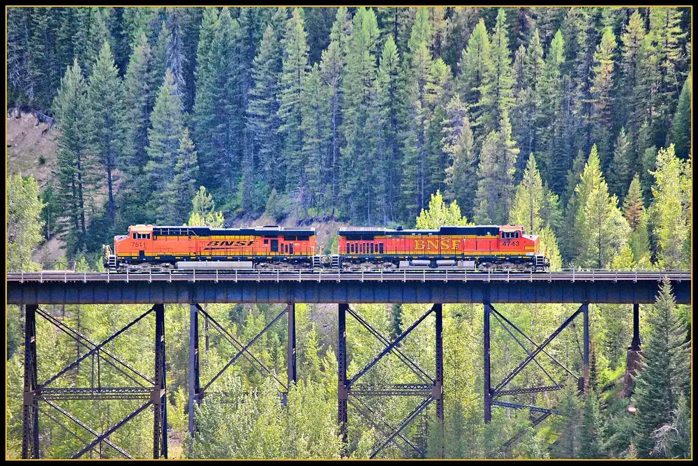 Freight train on the Goat Lick Trestle in Glacier National Park, Montana, a steel bridge over the gorge, with dense conifer forest behind