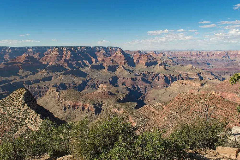 View from Grandview Point in Grand Canyon National Park, northeast over the red and grey stepped rock walls