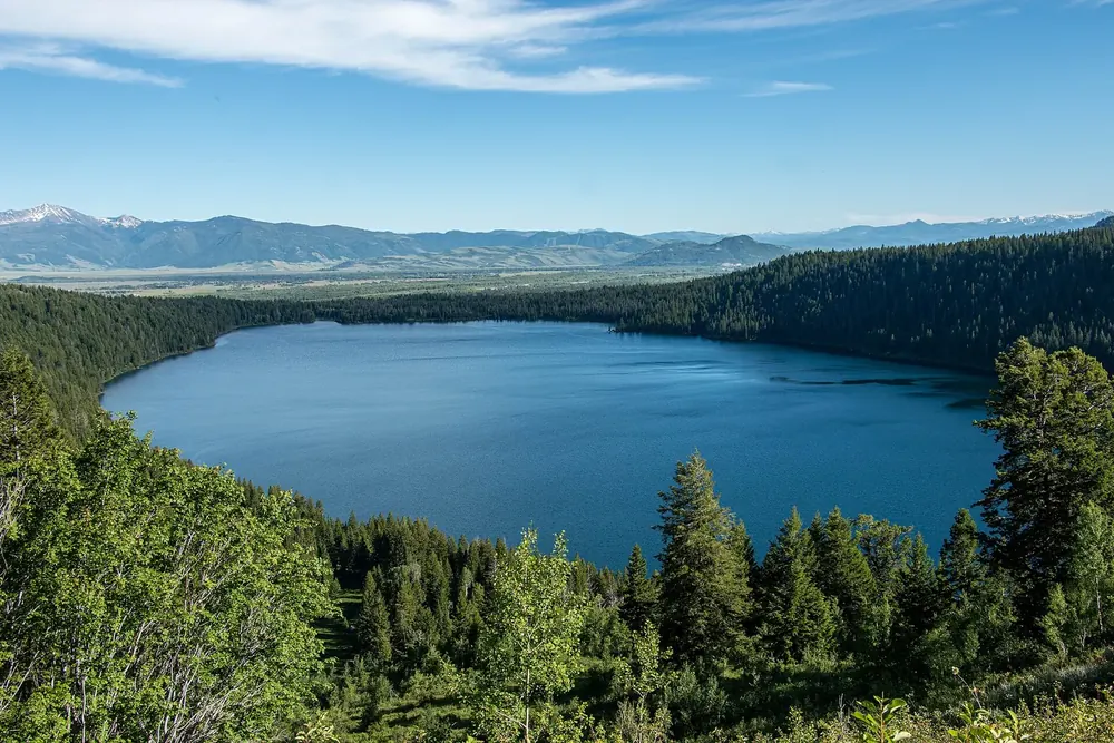 View from Phelps Lake Overlook in Grand Teton National Park of the deep blue Phelps Lake between forested slopes, with the plain behind