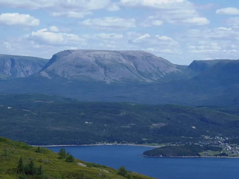 View from the Lookout Trail at the Discovery Centre in Woody Point across Bonne Bay to flat-topped Gros Morne