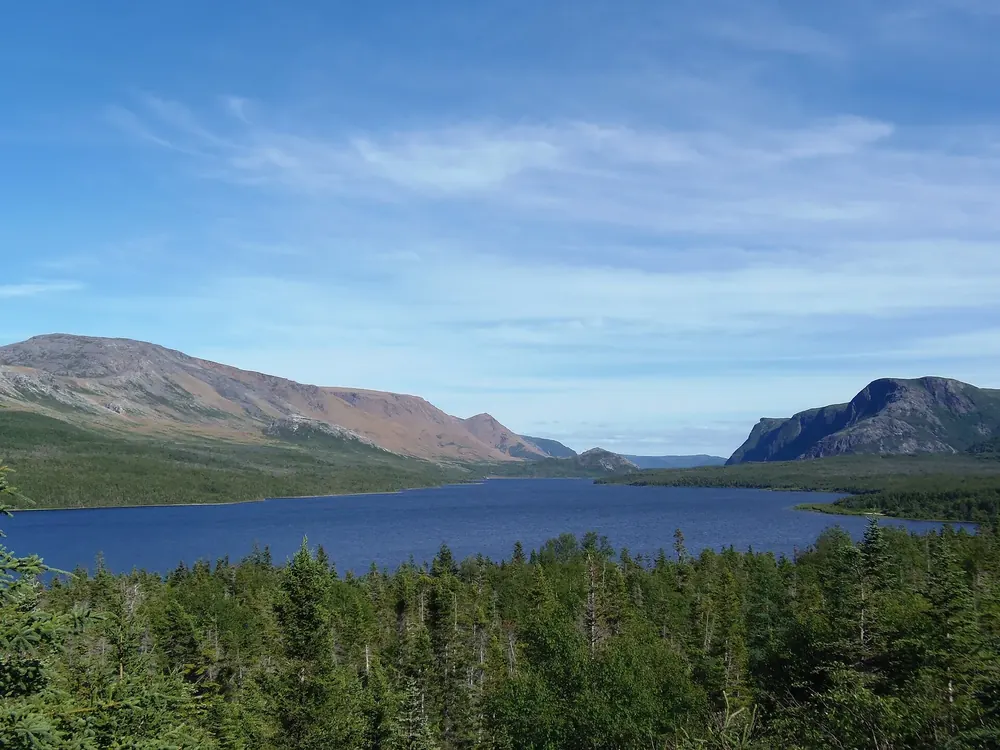 Trout River Pond in Gros Morne National Park: long blue lake between the bare Tablelands and forested mountains, conifer forest in front