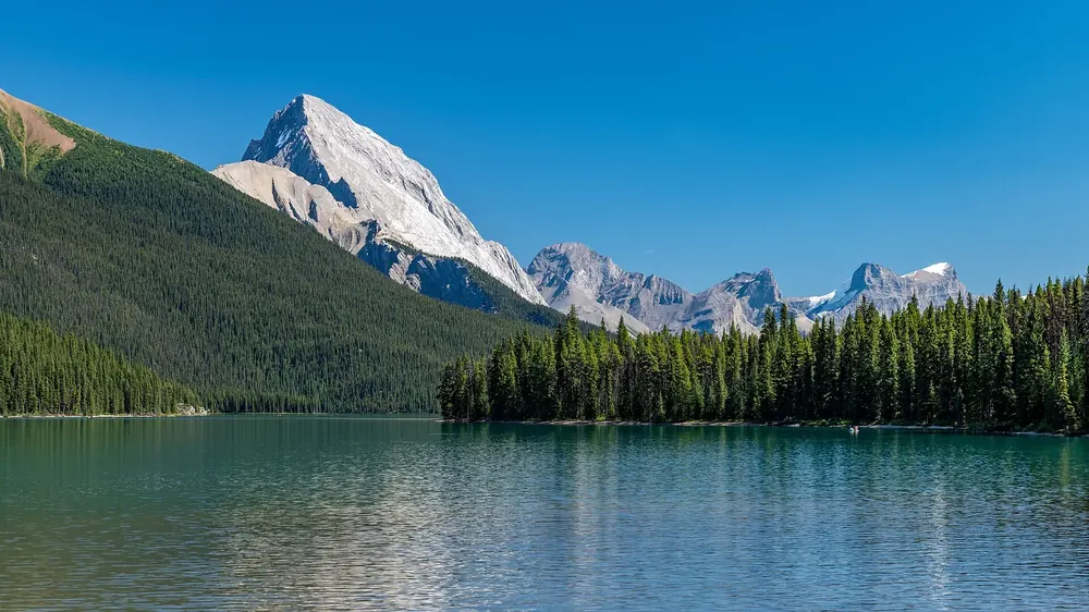 Maligne Lake in Jasper National Park near the parking lot: turquoise lake below conifer forest and the pale summit of Samson Peak