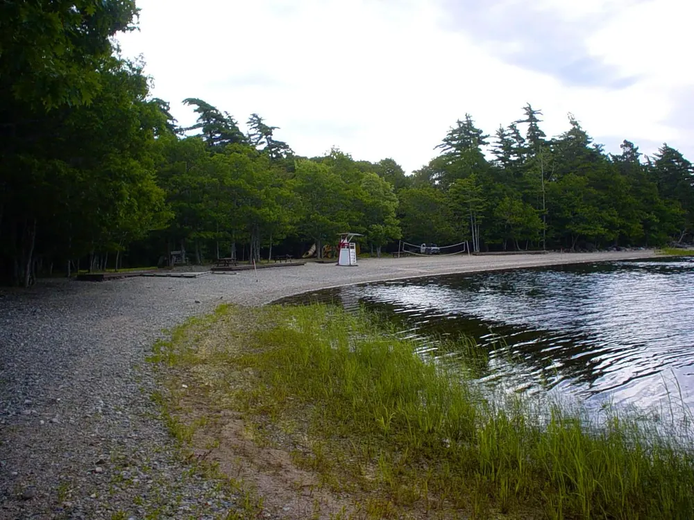 Merrymakedge Beach in Kejimkujik National Park: a curving gravel beach on the lake, lined with grass and dense forest under a cloudy sky