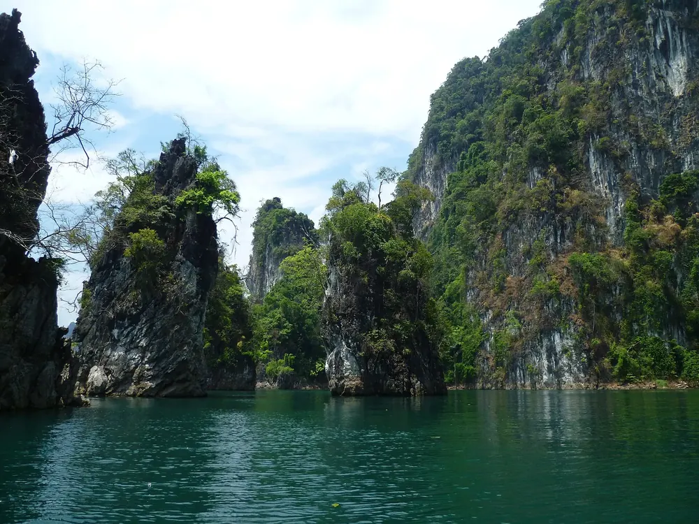 Three striking limestone rocks in Cheow Lan Lake, densely covered in rainforest, emerald water in front