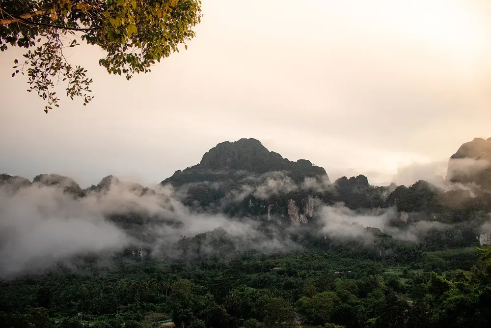 Khlong Phanom National Park: mist drifts over rainforest in front of steep limestone mountains in warm morning light