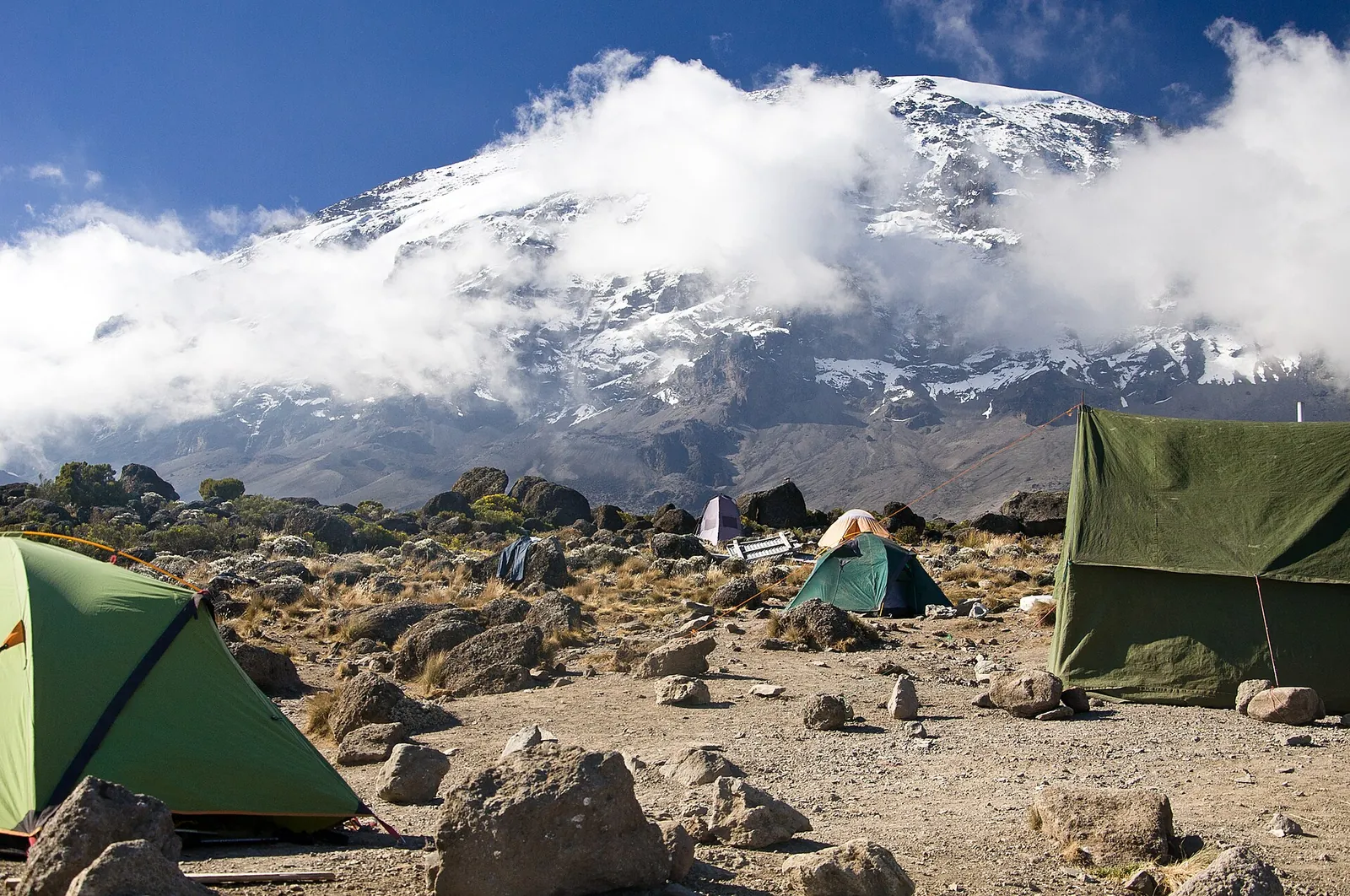 Tents at Karanga Camp at about 4,000 m in Kilimanjaro National Park, the cloud-wrapped, snowy Kibo rising above the camp