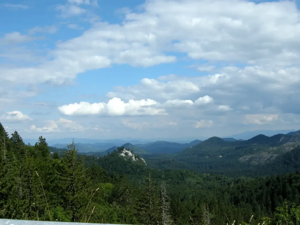 View over Northern Velebit National Park: wooded ridges and valleys stretching to the distant horizon