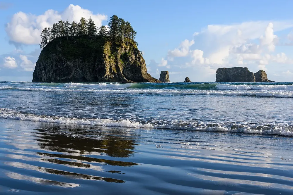 Second Beach in Olympic National Park: sea stacks and a forested rock island off the beach, with waves and clouds reflected in the wet sand