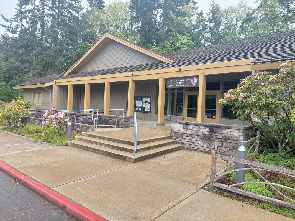 Olympic National Park Visitor Center in Port Angeles: a low building with a columned porch, steps and flowering rhododendrons