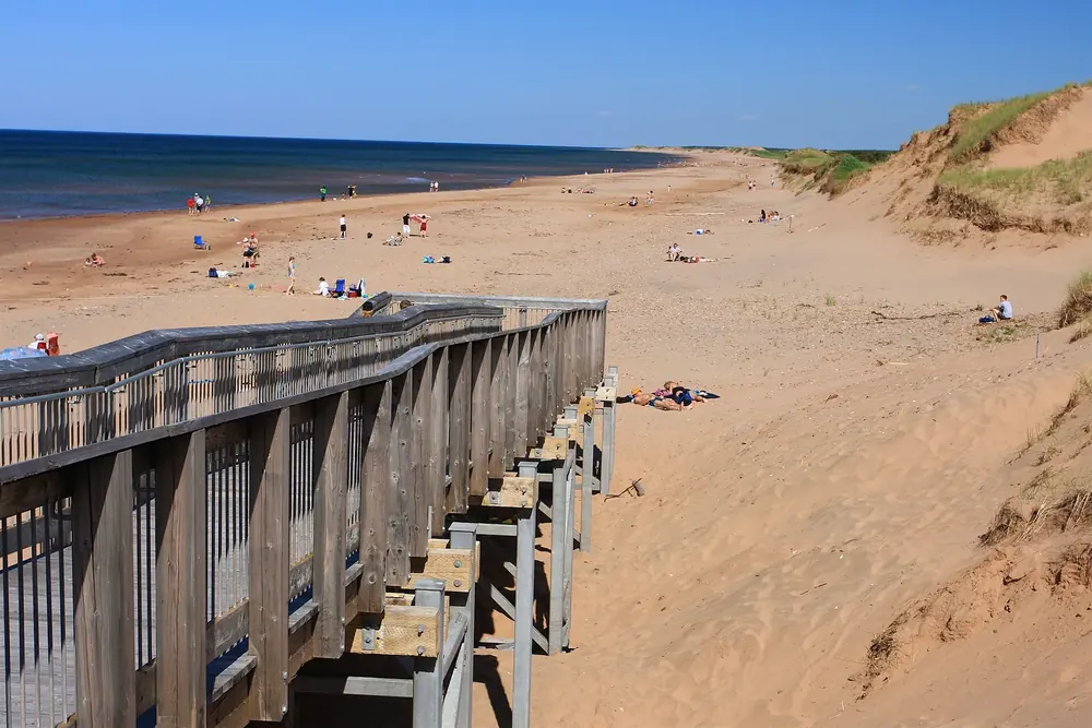Brackley Beach in Prince Edward Island National Park: wooden boardwalk over the dunes down to the wide sandy beach with swimmers by the sea.