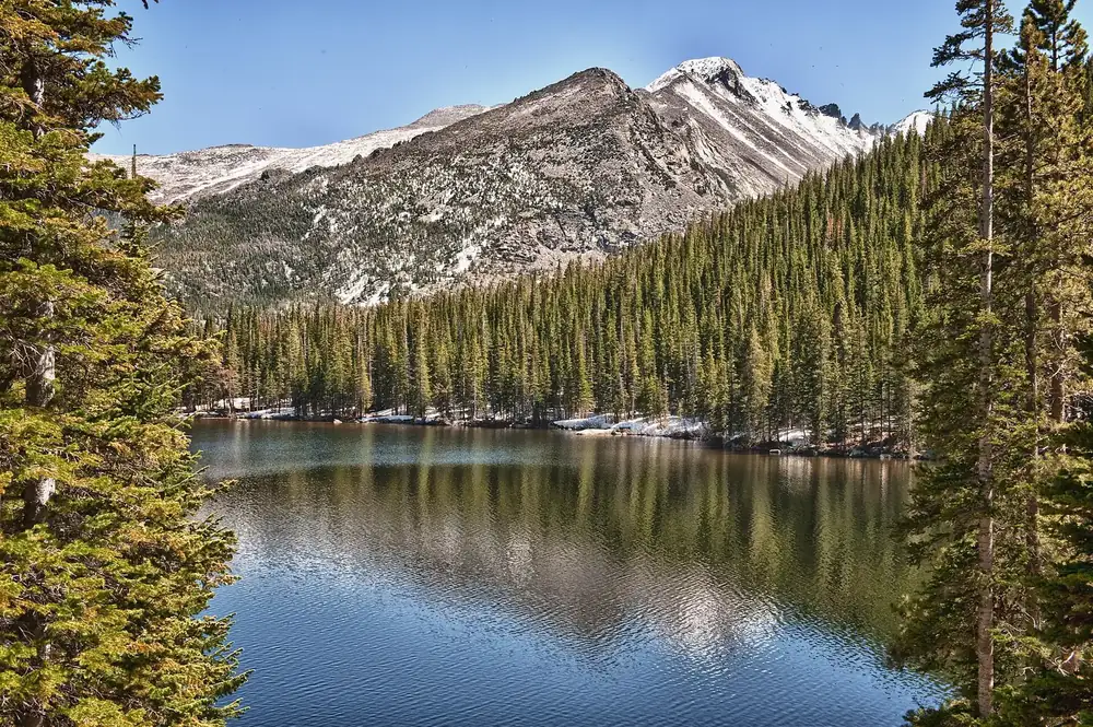 Mills Lake in Glacier Gorge, Rocky Mountain National Park: a still mountain lake with reflections below forested slopes and rocky peaks