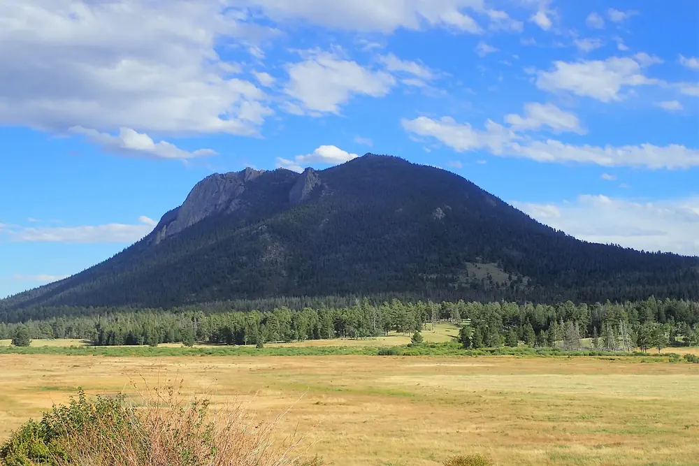 View from the Sheep Lakes Information Center in Rocky Mountain National Park across the Horseshoe Park meadow to forested Deer Mountain