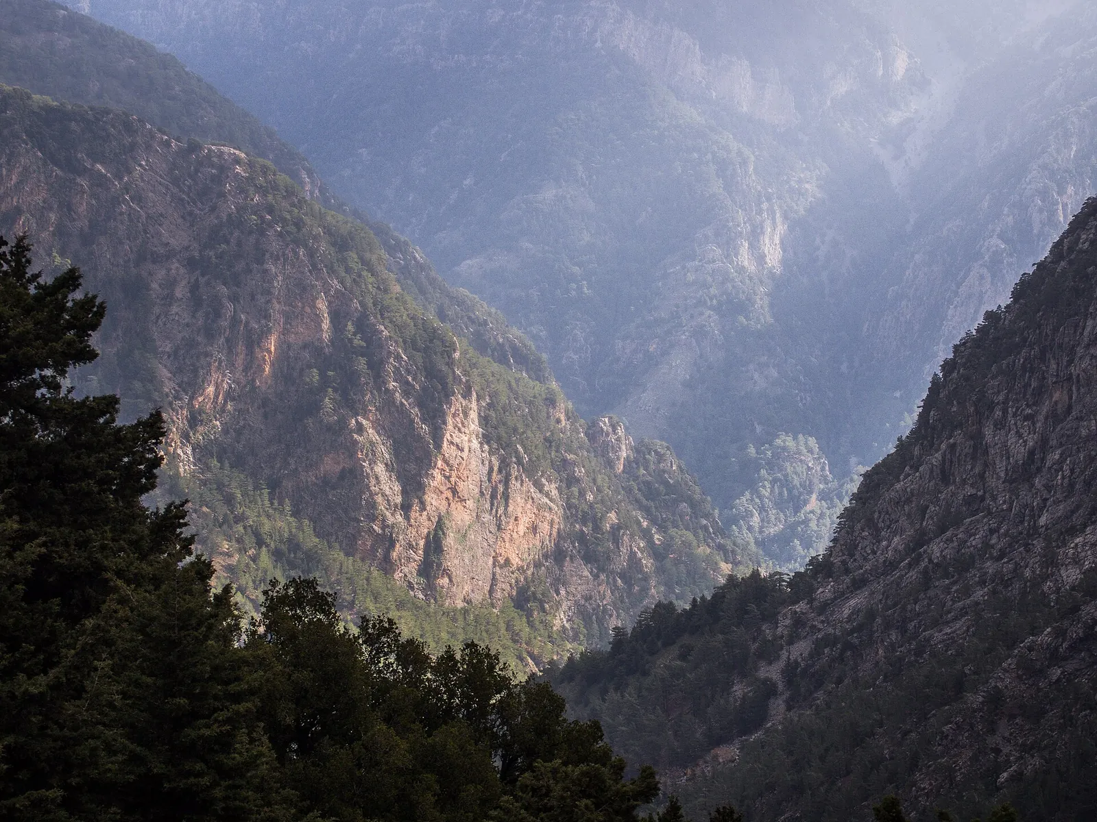View from Xyloskalo at the north entrance into the Samaria Gorge: steep rock walls and forested slopes in the haze
