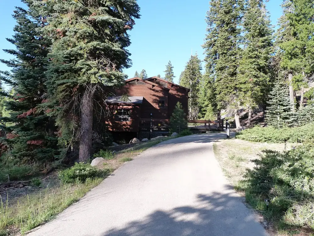 Wuksachi Lodge in Sequoia National Park: wood-clad guest building between tall firs, with a curving footpath in front