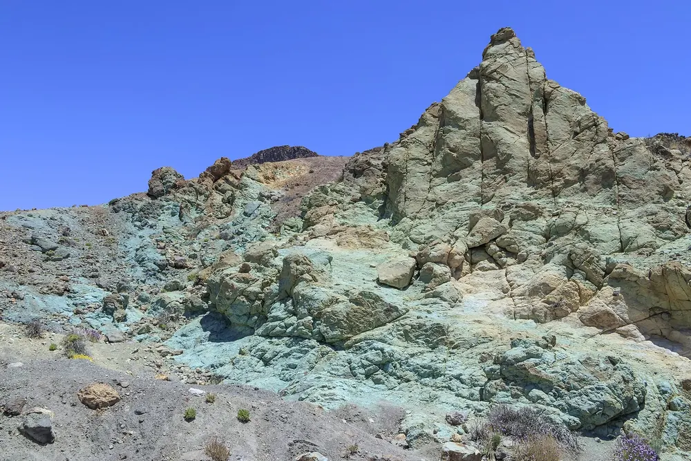 Los Azulejos in Teide National Park: rocks coloured green and blue by minerals on the edge of the Caldera de las Cañadas