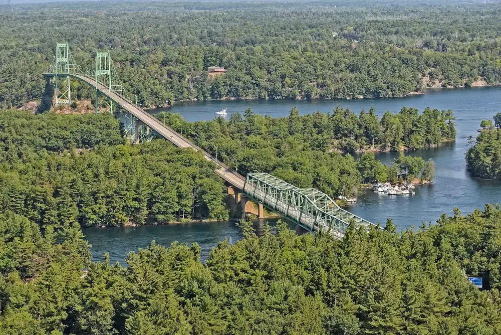 Aerial view of Georgina and Constance Island, two islands of Thousand Islands National Park by the Thousand Islands Bridge over the St. Lawrence River