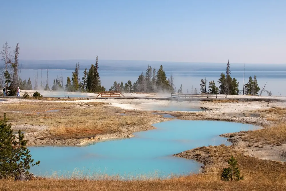 West Thumb Geyser Basin in Yellowstone National Park: turquoise hot springs in pale sinter flats on the shore of Yellowstone Lake.