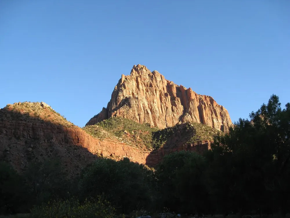View from Watchman Campground of the Watchman's summit glowing in the evening light above dark trees