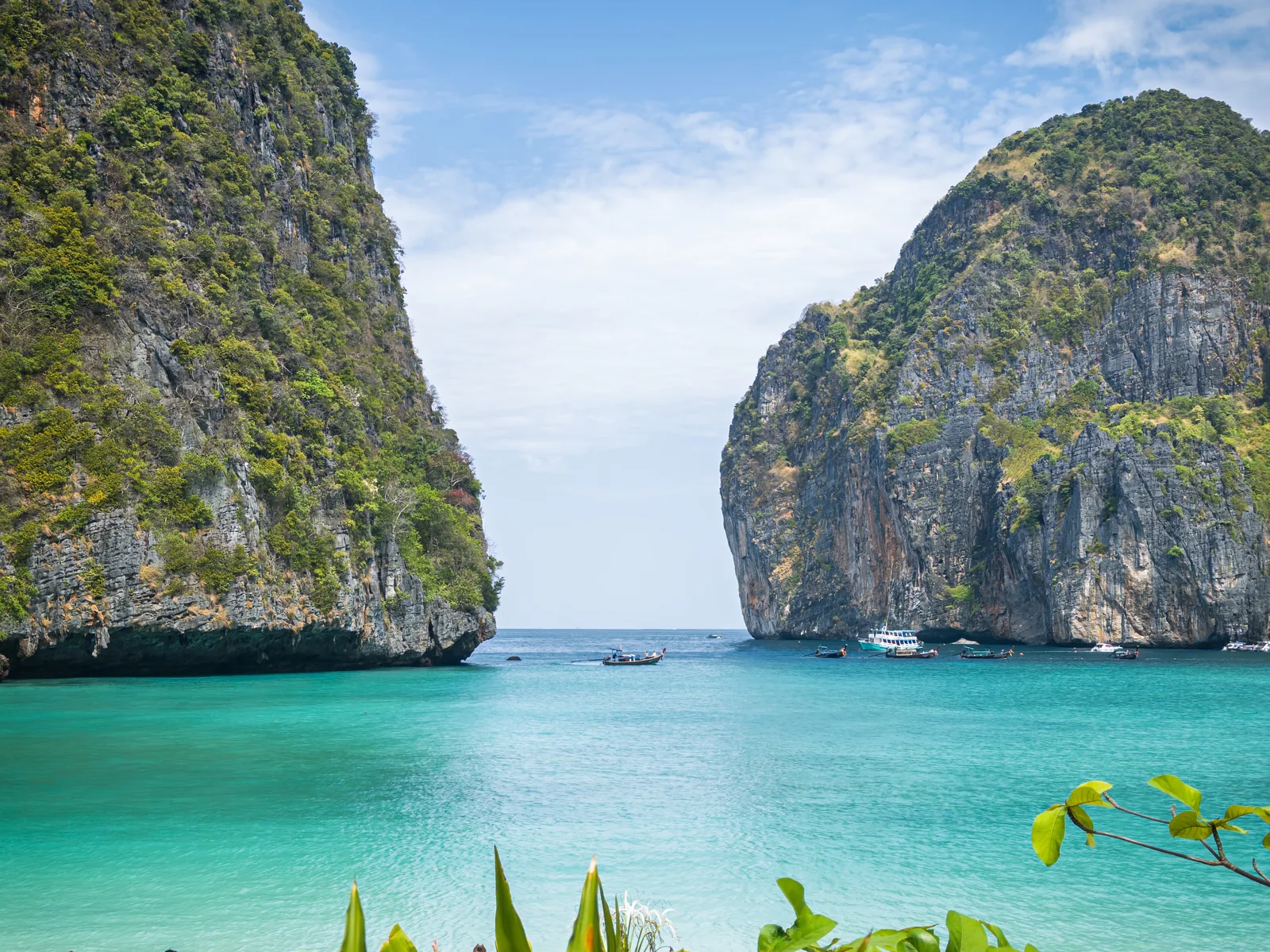 Turquoise water in Maya Bay between two tall limestone rocks forming the entrance of the bay, leaves in the foreground
