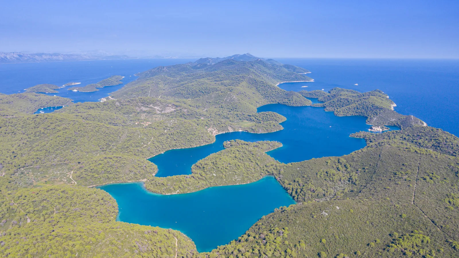 Aerial view of Veliko jezero and Malo jezero, the two lakes of Mljet National Park, surrounded by pine forest