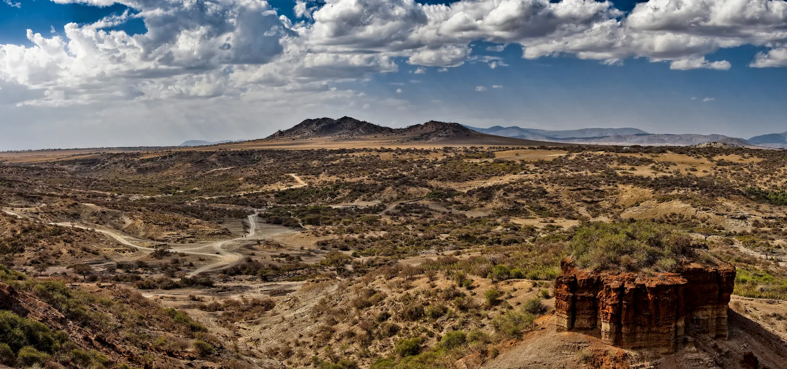 Olduvai Gorge from the museum: dry layers, a red rock tower and a wide plain under clouds