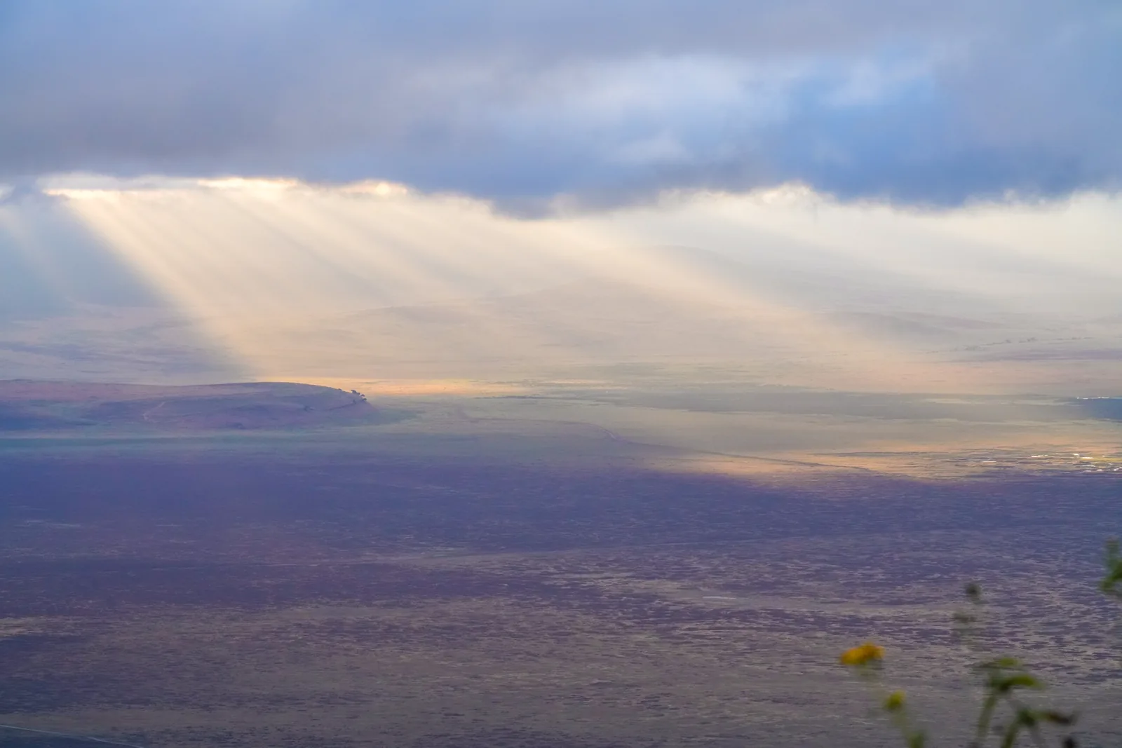 Sunbeams break through the clouds above the floor of the Ngorongoro Crater