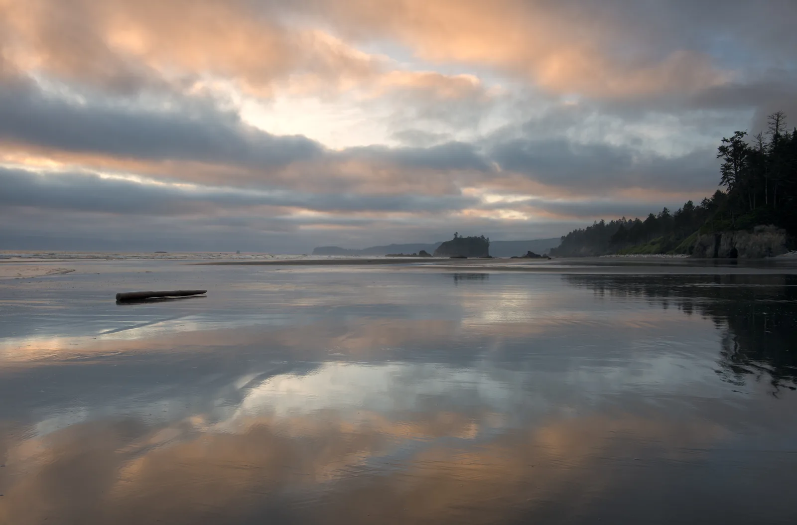 Ruby Beach in Olympic National Park at low tide: wet sand reflecting the evening sky, with sea stacks and the forested cliffs behind
