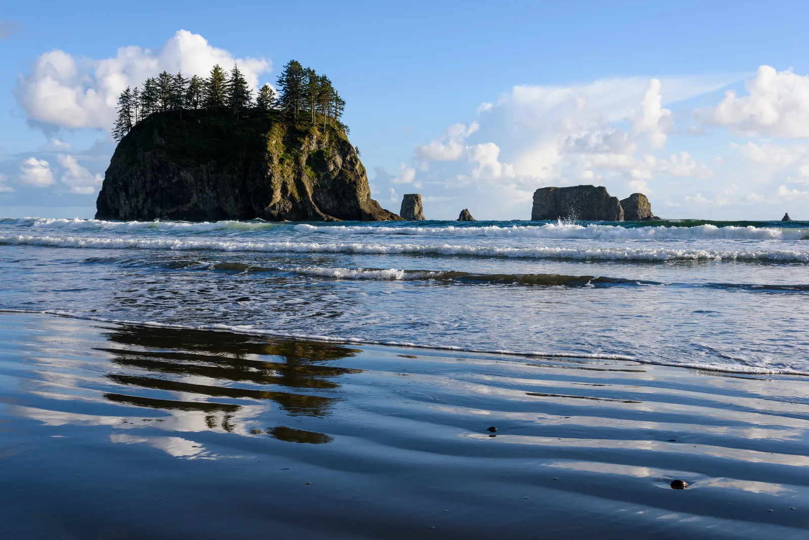 Forested rock islands and sea stacks off Second Beach in Olympic National Park, with the last of the surf running up the sand