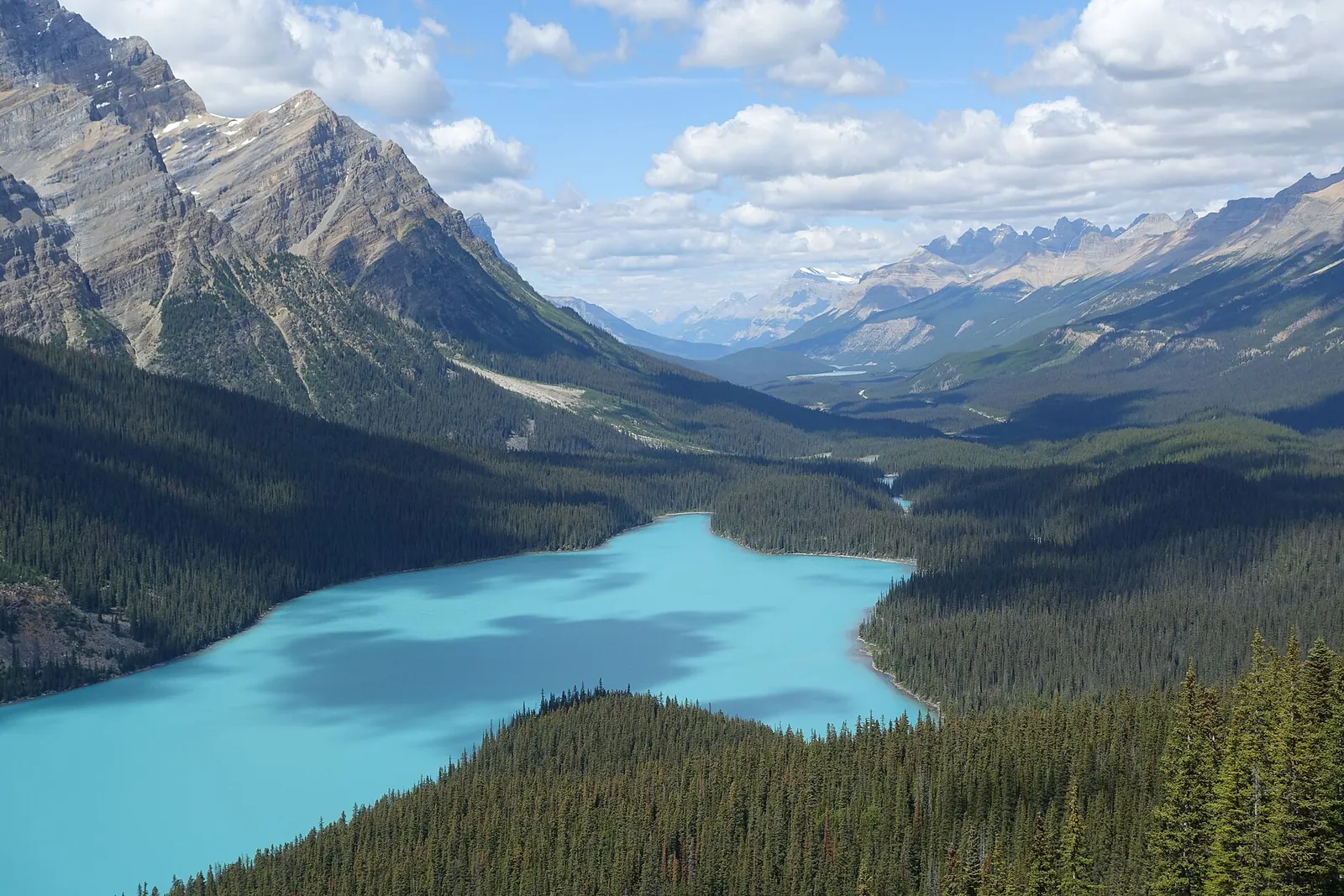 Turquoise Peyto Lake in Banff National Park from the Bow Summit viewing platform, the Mistaya Valley and rugged peaks beyond.