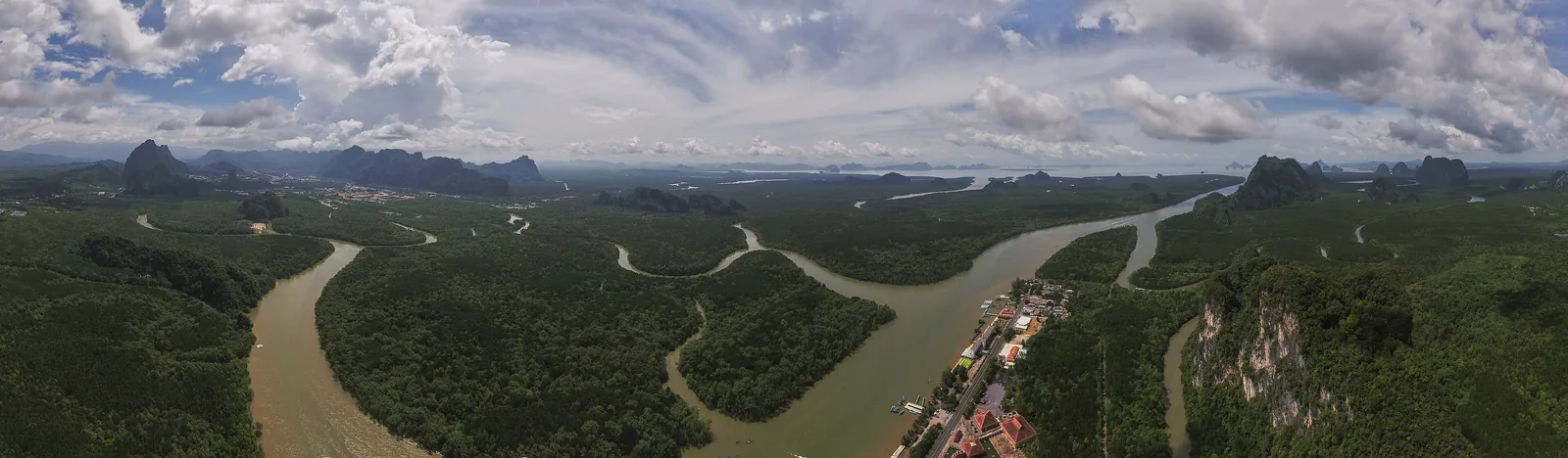 Wide mangrove area on the shore of Phang Nga Bay in Ao Phang Nga National Park, crossed by winding channels, limestone hills on the horizon