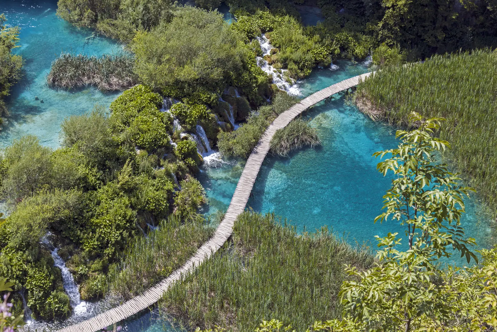 Wooden boardwalk over turquoise water between the wooded shores of the lakes in Plitvice Lakes National Park, seen from the air