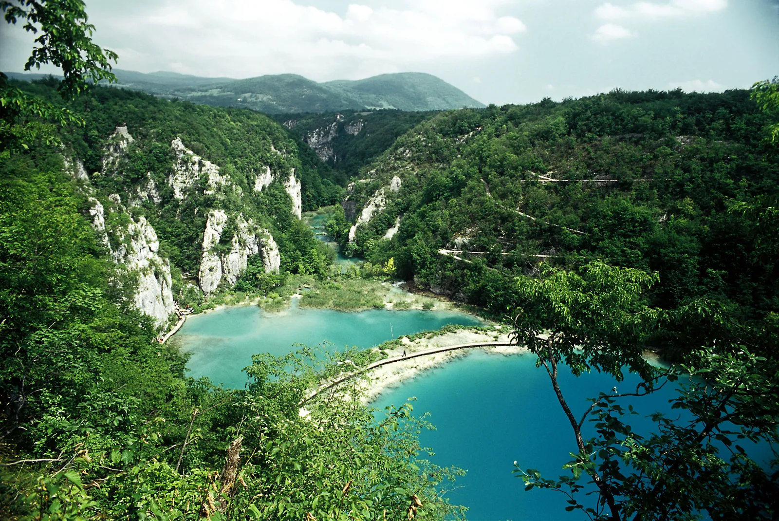 View from the canyon rim in Plitvice Lakes National Park of the turquoise-blue lakes Kaluđerovac and Novakovića Brod between pale limestone rocks and dense forest