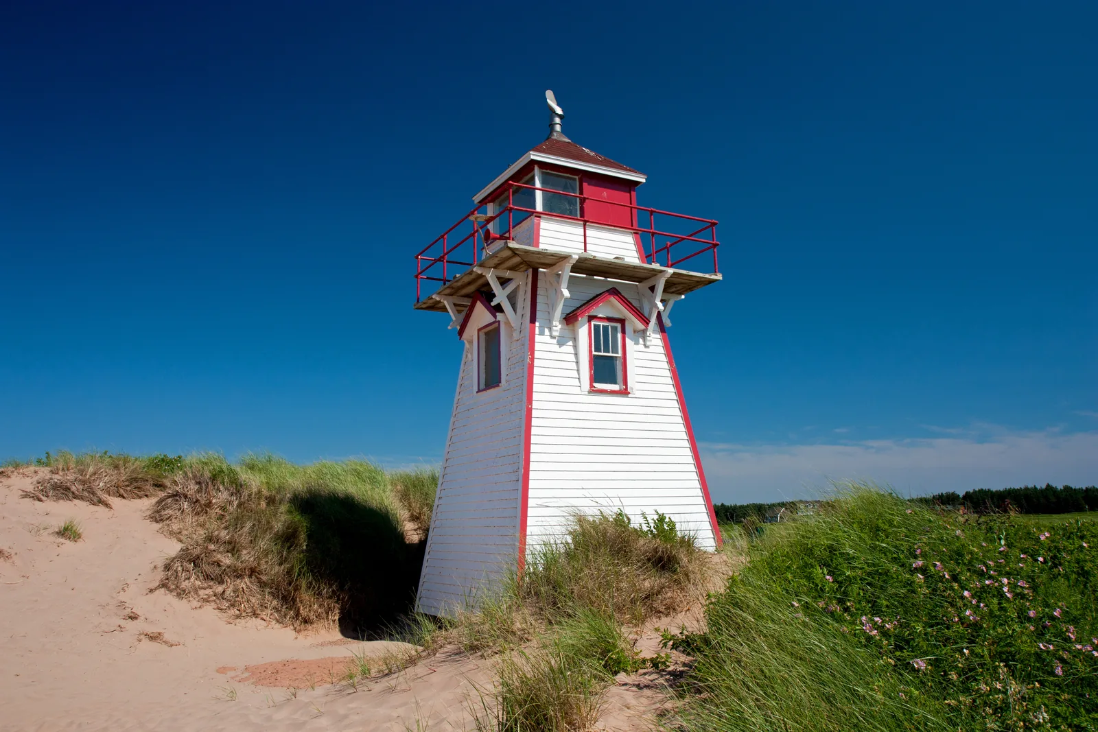 The white, tapering wooden Covehead lighthouse in Prince Edward Island National Park with a red lantern stands against a deep blue sky on a dune covered with marram grass.