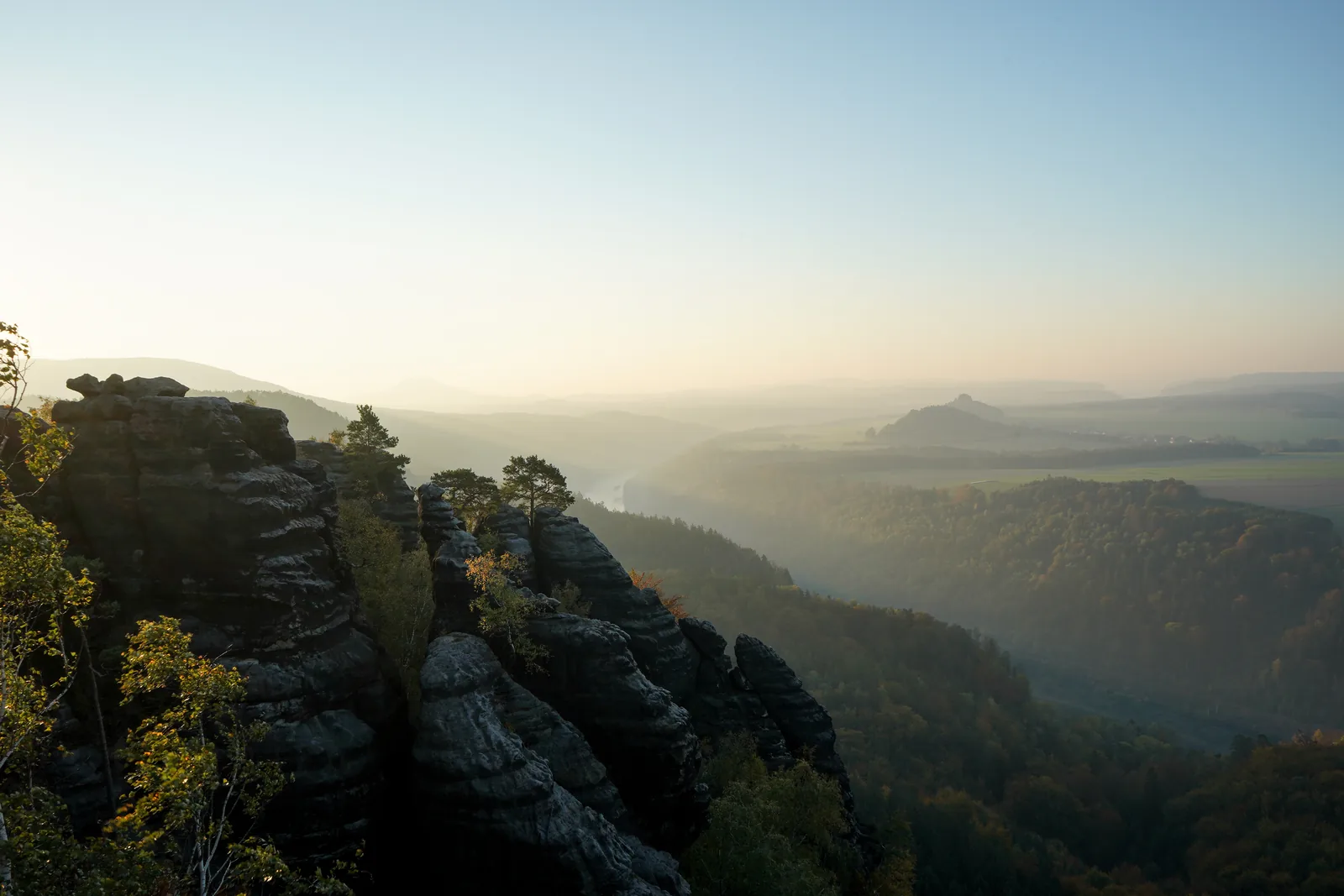 View from the Schrammsteine in Saxon Switzerland National Park along the Elbe valley