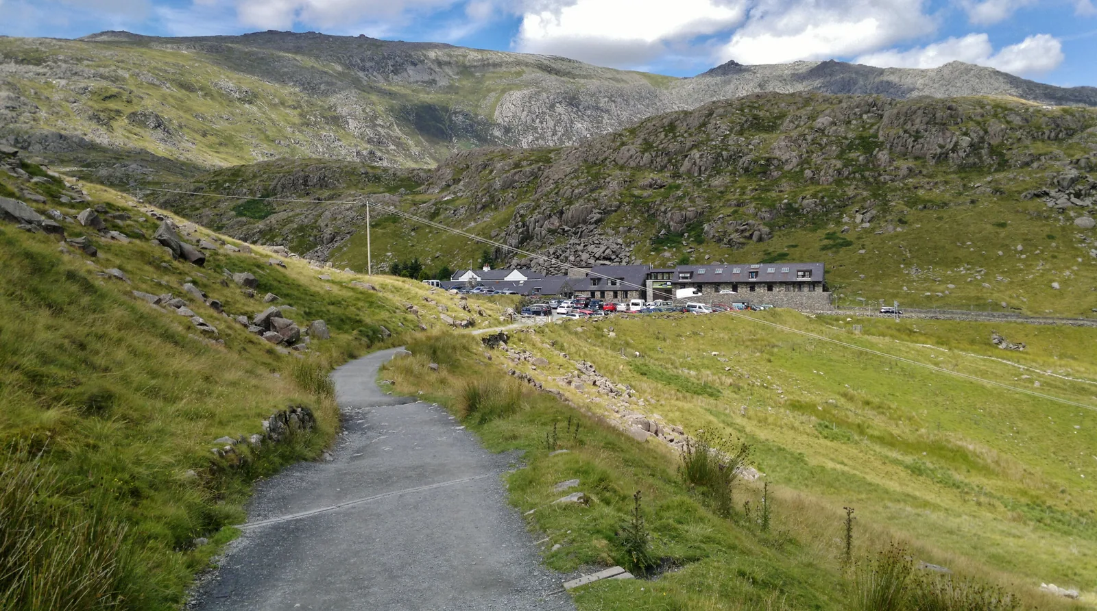 The path at the end of the Miners’ Track at Pen y Pass in Snowdonia National Park, the youth hostel and mountains behind