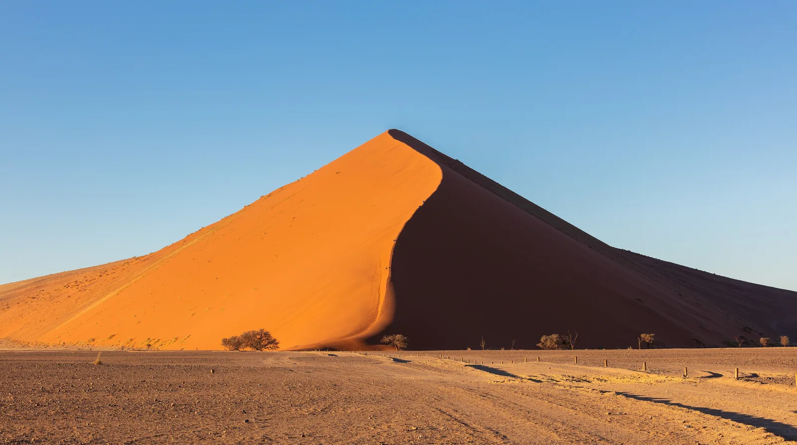A tall red dune in Namib-Naukluft National Park under a blue sky, the plain at its foot