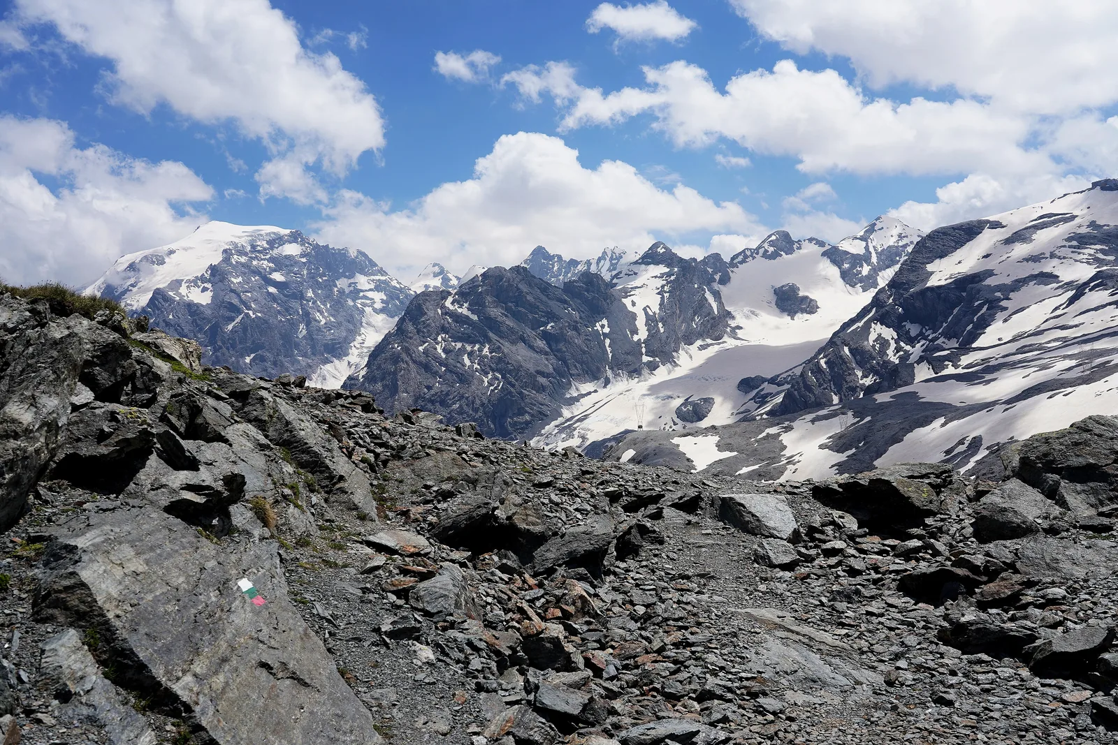 View from Cima Garibaldi at the Stelvio Pass of the glaciated Ortler group in Stelvio National Park