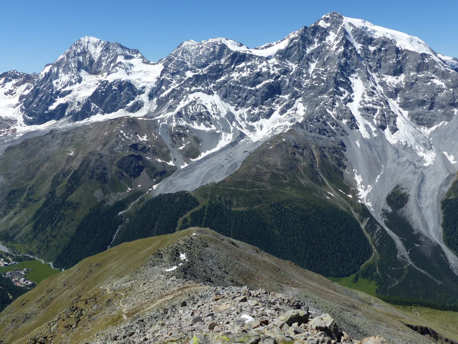 Gran Zebrù, Monte Zebrù and the Ortler in Stelvio National Park with glaciers above the Solda valley, seen from the Hinteres Schöneck
