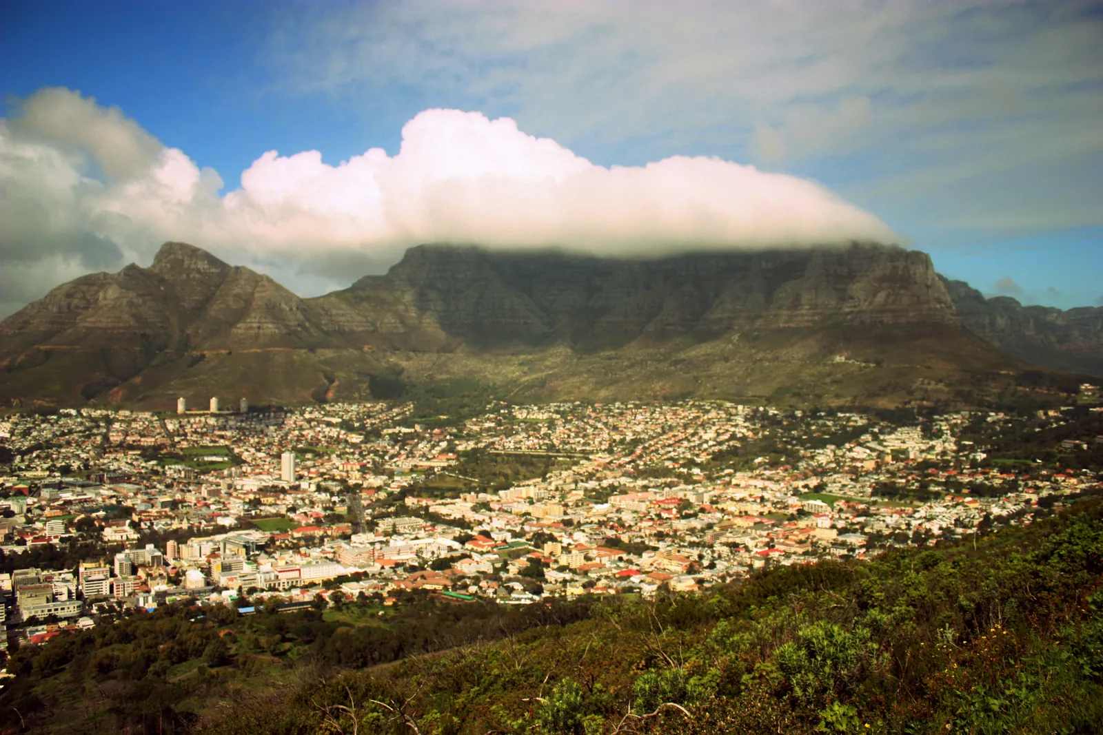 A white blanket of cloud lies over the flat top of Table Mountain, with the houses of Cape Town below, taken from Signal Hill
