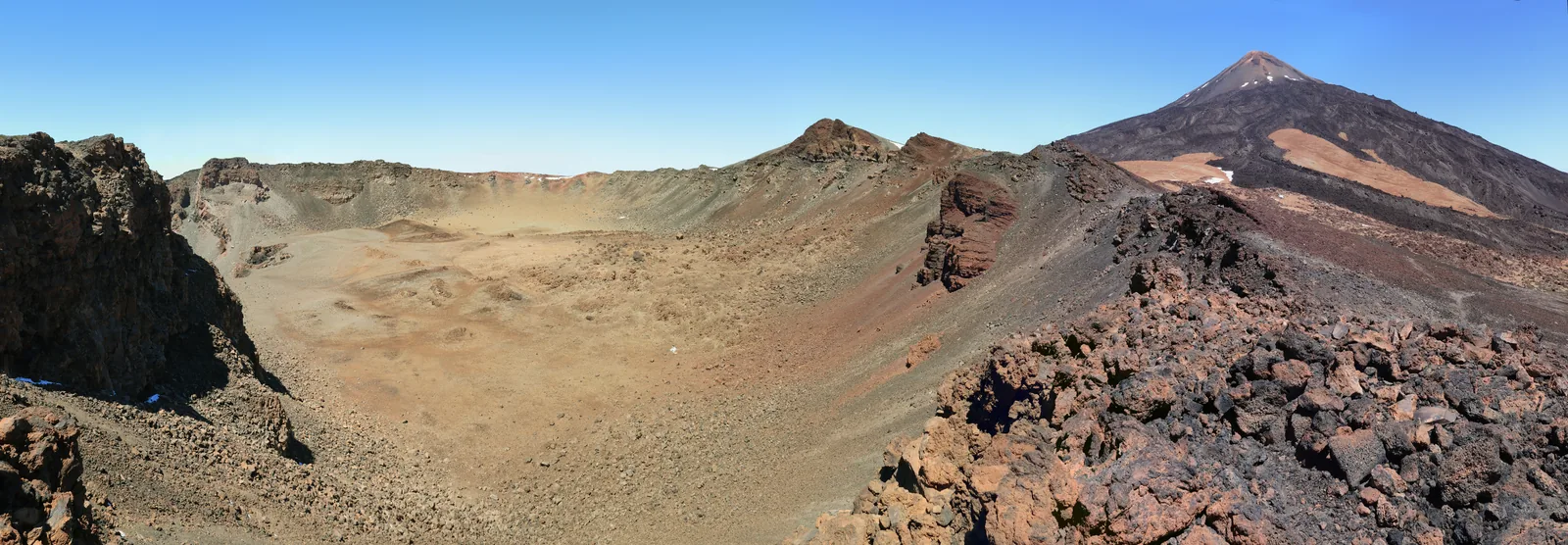 Panorama from the ridge in Teide National Park: the wide, colourful crater of Pico Viejo on the left, the summit cone of Teide on the right