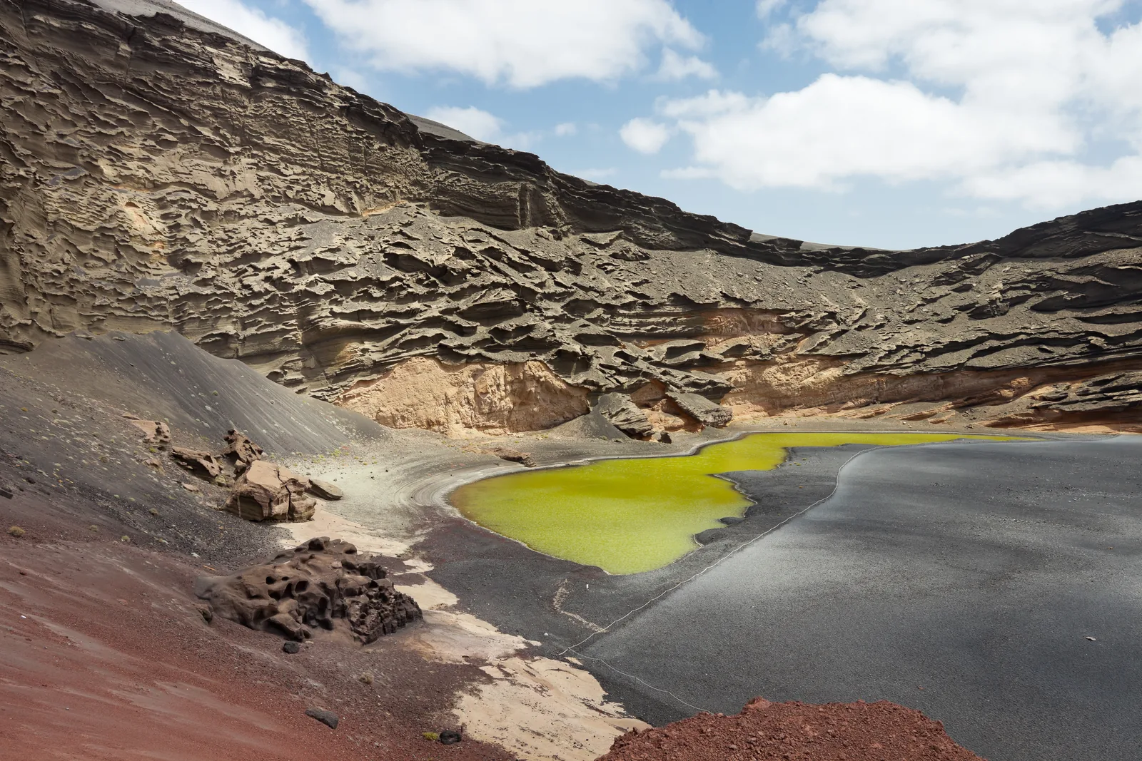 The green lagoon Charco de los Clicos in front of the black beach and the half crater wall of El Golfo