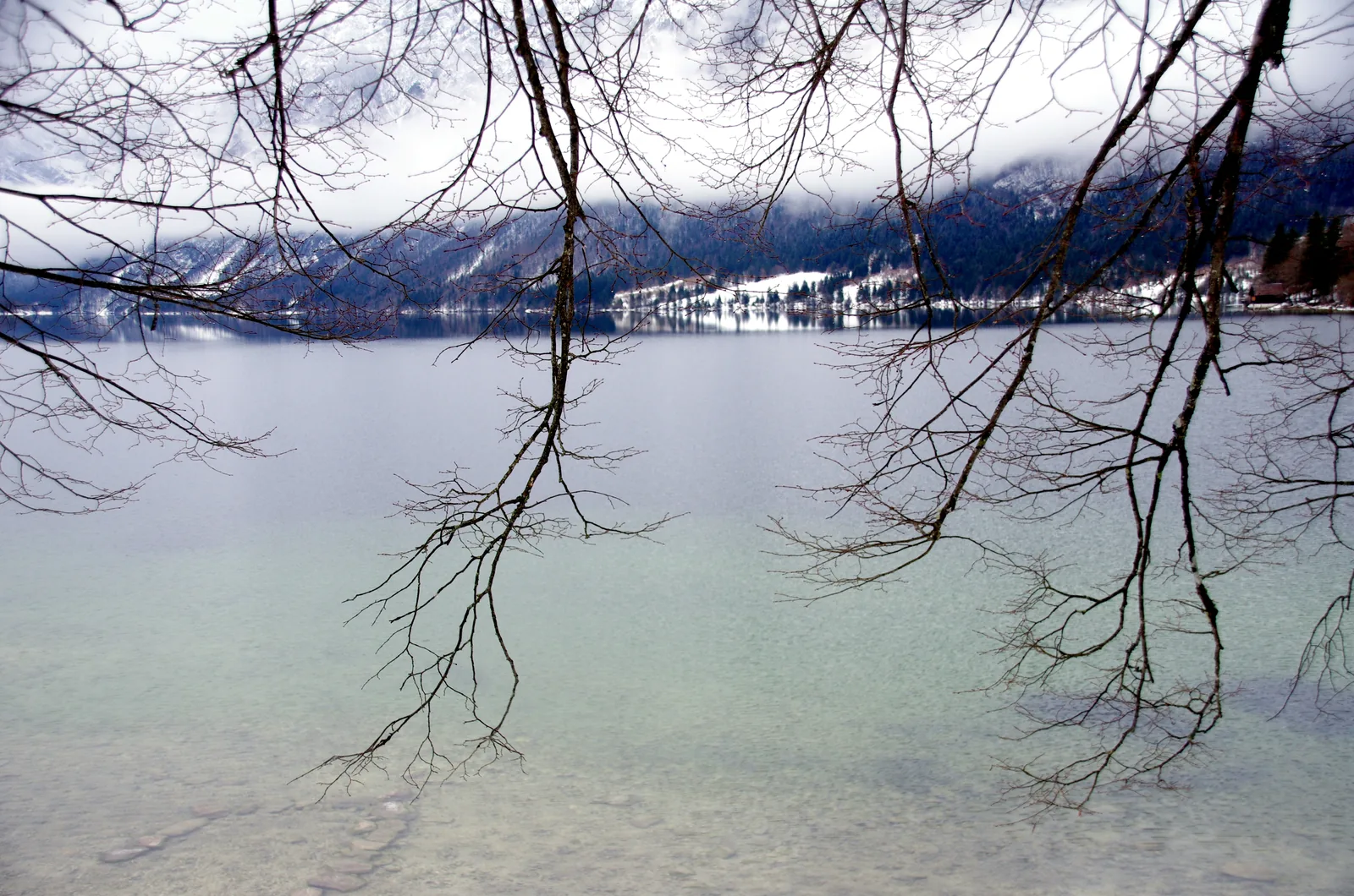 Clear water at the shore of Lake Bohinj in Triglav National Park, with snow on the slopes behind