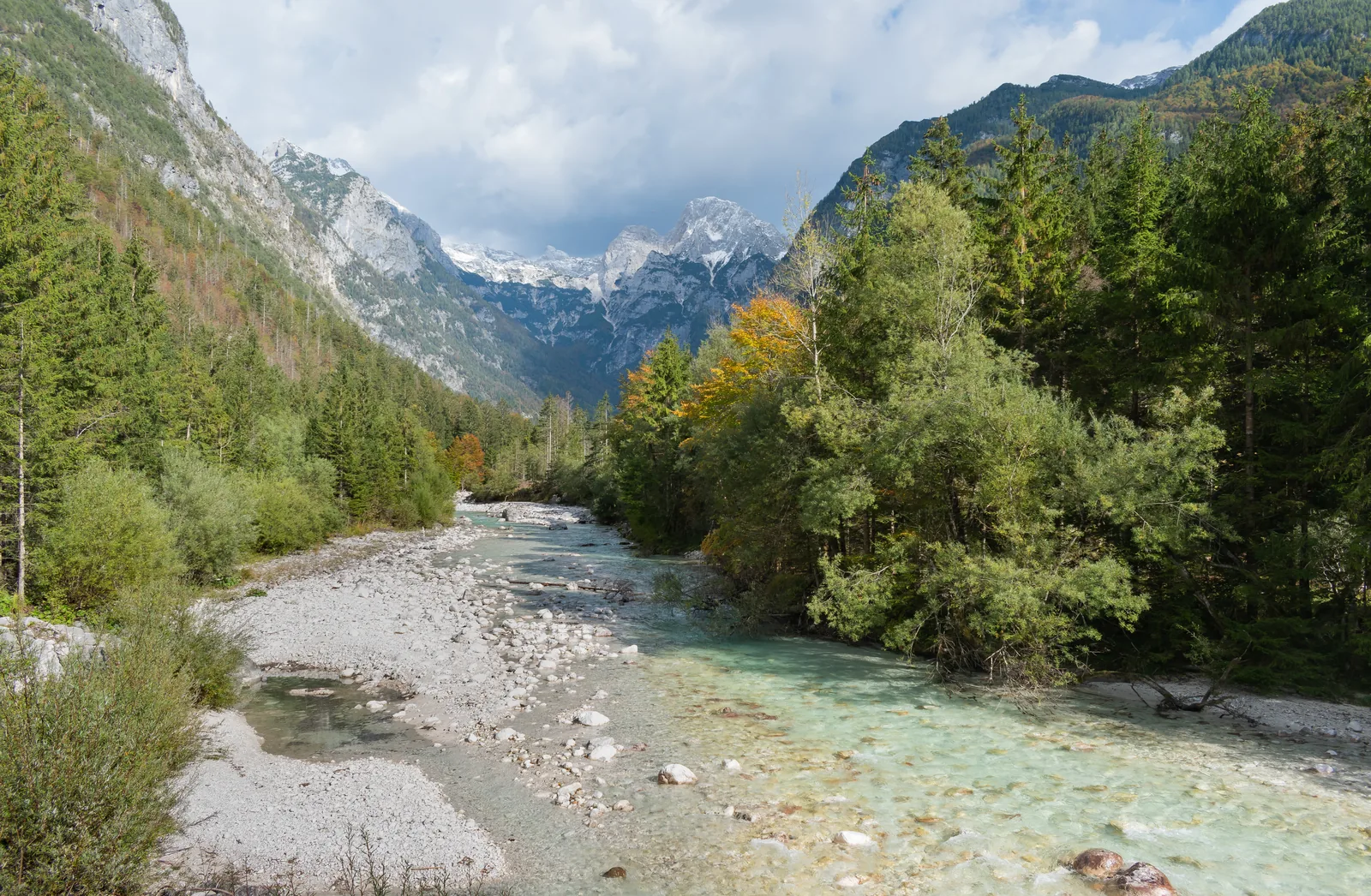 The Soča in the Trenta Valley in Triglav National Park, with a pale gravel bed and clear, greenish water below the Julian Alps